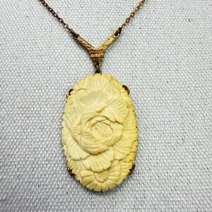 Vintage Carved Rose Pendant Necklace Ornate Antique Floral